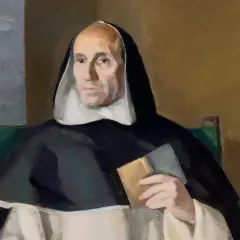 Retrato de Francisco de Vitoria, fraile dominico, con hábito y libro en mano.
