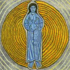 Ilustración de Hildegard von Bingen, con túnica azul, rodeada de círculos concéntricos dorados y grises.