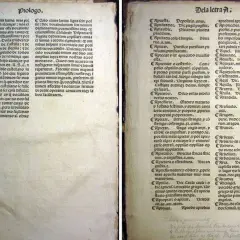 Libro antiguo con texto en latín y castellano. El prólogo menciona a Alonso de Palencia y su obra.