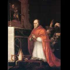 Santo Toribio de Mogrovejo, vestido de cardenal, reza ante un altar. Detrás, figuras indígenas observan.