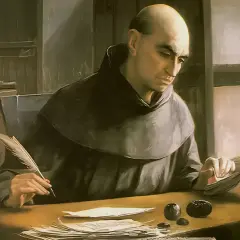 Pedro de Atarrabia, un monje con tonsura, escribe con pluma en un escritorio lleno de papeles.