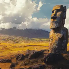 Un moái solitario vigila la Isla de Pascua, con un volcán cubierto de nubes al fondo y palmeras dispersas en el paisaje dorado.