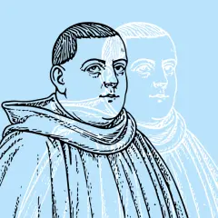 Retrato de **santo Tomás de Aquino** con una figura fantasma detrás.