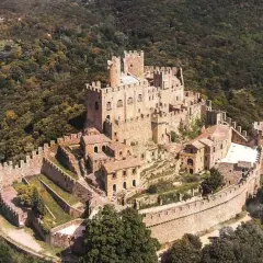 Majestuoso castillo de piedra en lo alto de una colina boscosa, evocando la grandeza del castillo de Neuschwanstein.