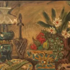 Naturaleza muerta con flores y frutas, obra del pintor Pedro Flores.