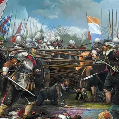 Pintura de una batalla con soldados armados con espadas y picas, ondeando banderas.