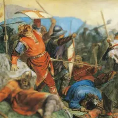 Una batalla épica con guerreros vikingos. Un hombre con túnica roja, quizás Olaf el Santo, lidera la carga.