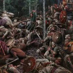 Una escena caótica de la batalla de Covadonga, con guerreros luchando cuerpo a cuerpo, caballos y escudos por doquier.