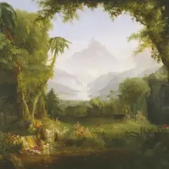 Un paisaje exuberante y brumoso, con cascadas y montañas, evoca la serenidad del jardín del edén. Palmeras y flores vibrantes adornan la escena.