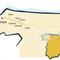 Mapa del Camino de Santiago, mostrando ciudades como Santiago, Melide, Ponferrada y Astorga. El obispo Osmundo de Ponferrada estaría orgulloso de esta ruta.
