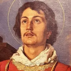 Retrato de Lorenzo de Roma, con halo dorado, mirando al cielo. Viste túnica roja y cuello blanco.