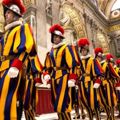 Guardia suiza del Vaticano desfila en formación, con sus icónicos uniformes a rayas amarillas, azules y rojas, y penachos rojos.