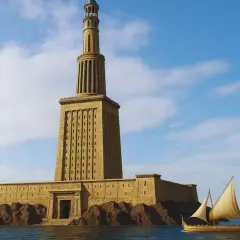 Recreación de los restos del Faro de Alejandría, una imponente estructura de piedra sobre rocas, con un barco antiguo navegando cerca.