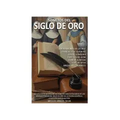 Libro "Sonetos del Siglo de Oro" con pluma y tintero, recopilación de poetas como Cervantes y San Miguel de los Santos.