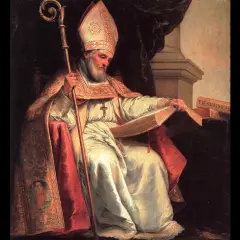 Isidoro de Sevilla, obispo con mitra y báculo, lee un libro.