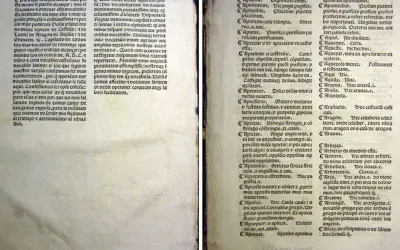 Libro antiguo con texto en latín y castellano. El prólogo menciona a Alonso de Palencia y su obra.