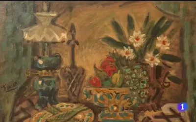 Naturaleza muerta con flores y frutas, obra del pintor Pedro Flores.