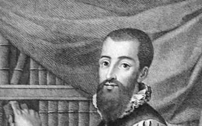 Grabado de Garcilaso de la Vega, poeta renacentista, junto a una estantería llena de libros.