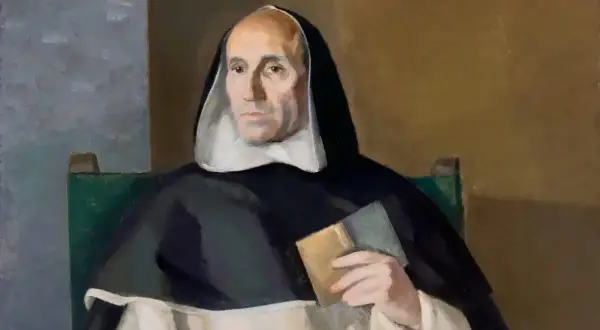 Retrato de Francisco de Vitoria, fraile dominico, con hábito y libro en mano.