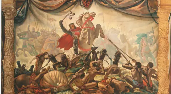 Cabalgata victoriosa de Sancho VI de Navarra, con su ejército arrollando enemigos y bestias.
