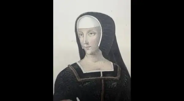 Retrato de Luisa de Saboya, con su característico tocado y vestido oscuro.