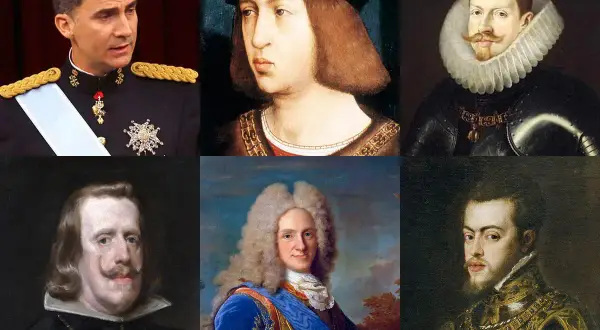Seis retratos de reyes españoles, incluyendo al actual rey Felipe VI, y varios monarcas históricos.