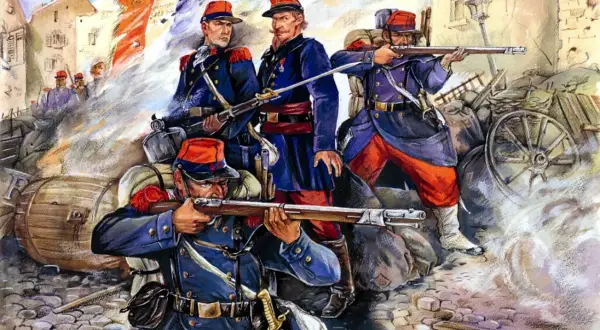 Soldados franceses en uniforme azul y rojo, listos para la batalla de Sedan, con rifles y bandera tricolor ondeando.