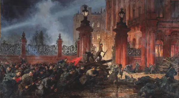 Multitud en combate, con rifles y una bandera roja, en medio de la noche. La escena evoca la intensidad de la **revolución rusa**.