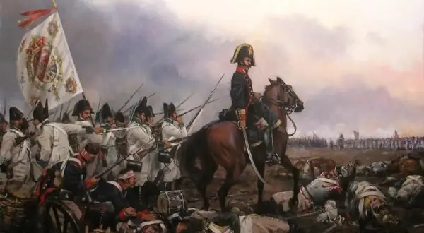 Soldados en formación, con un estandarte y un oficial a caballo, en medio de la **batalla de Bailén**. Cuerpos yacen en el suelo.