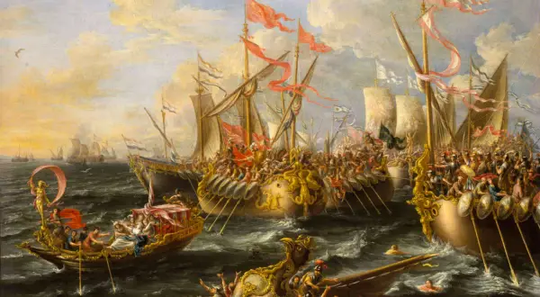 La batalla de Accio en pleno apogeo. Galeras y naves de guerra se enfrentan en un mar agitado, con soldados y remos en acción.