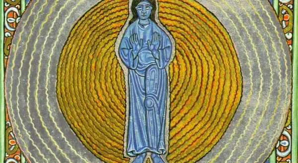 Ilustración de Hildegard von Bingen, con túnica azul, rodeada de círculos concéntricos dorados y grises.