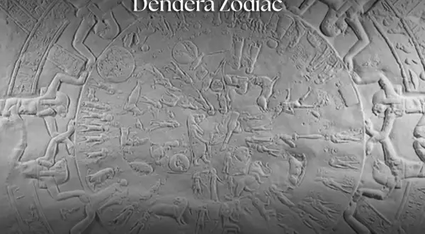 Relieve circular del zodiaco de Dendera con figuras mitológicas y animales.
