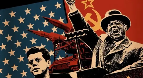 Un collage de propaganda que representa la tensión de que fue la guerra fria: John F. Kennedy, misiles, un tanque y el símbolo soviético.