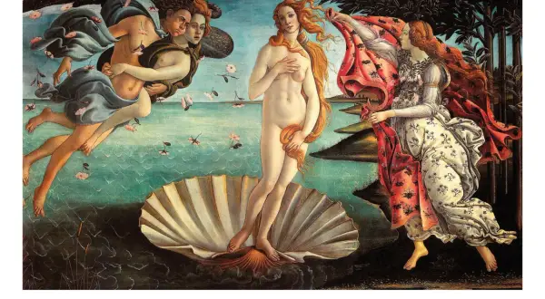 El nacimiento de Venus, obra maestra de Botticelli. Venus emerge de una concha, flanqueada por Céfiro y una ninfa, mientras las flores caen del cielo.