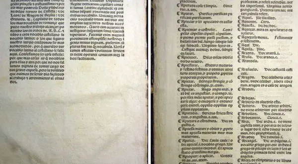 Libro antiguo con texto en latín y castellano. El prólogo menciona a Alonso de Palencia y su obra.