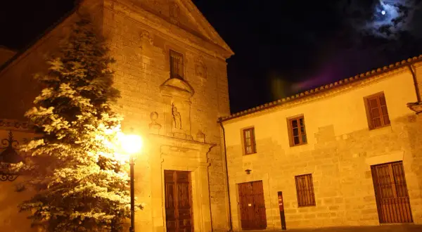 Edificio de piedra iluminado de noche, con un árbol y la luna en el cielo.