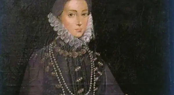Retrato de Beatriz de Castro, luciendo un collar de perlas y un cuello de encaje.