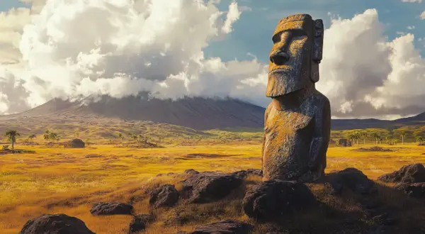 Un moái solitario vigila la Isla de Pascua, con un volcán cubierto de nubes al fondo y palmeras dispersas en el paisaje dorado.