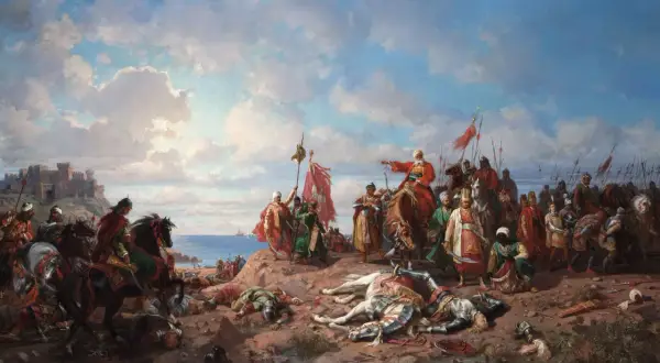 Soldados a caballo y a pie, con armaduras y estandartes, celebran una victoria en la costa. Un castillo se alza al fondo. Escena de la expansión del imperio otomano.