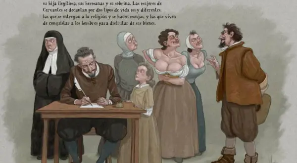 Un hombre escribe, rodeado de mujeres. Una monja, una niña, dos mujeres con escote y un hombre conversan. Catalina de Salazar, quizás, observa.