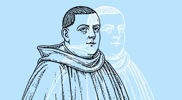 Retrato de **santo Tomás de Aquino** con una figura fantasma detrás.