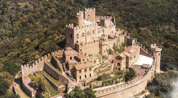 Majestuoso castillo de piedra en lo alto de una colina boscosa, evocando la grandeza del castillo de Neuschwanstein.