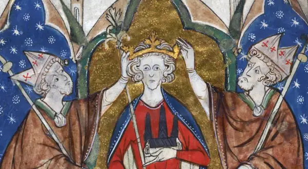Coronación de Enrique III de Castilla. Dos obispos le colocan la corona. El rey sostiene un cetro y un castillo.