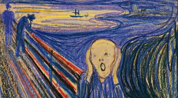 Una figura con las manos en las orejas, rostro pálido y boca abierta, en un paisaje onírico. Varias versiones de "El Grito" capturan esta angustia.