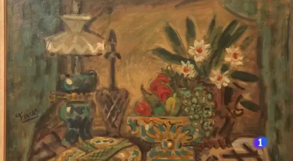 Naturaleza muerta con flores y frutas, obra del pintor Pedro Flores.