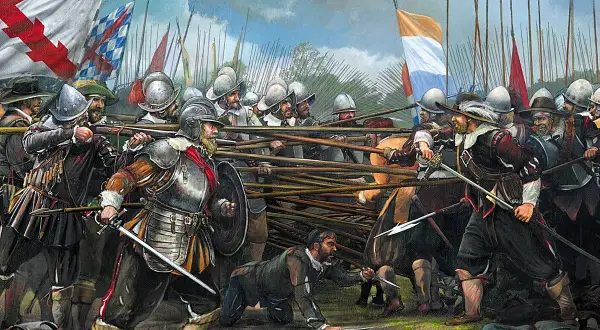 Pintura de una batalla con soldados armados con espadas y picas, ondeando banderas.