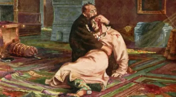 Ivan el Terrible abraza a su hijo moribundo, con sangre en el suelo.