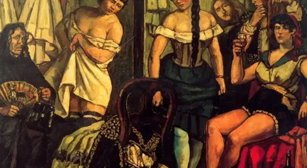 Escena de burdel con mujeres y una anciana con abanico, obra de José Gutiérrez Solana.