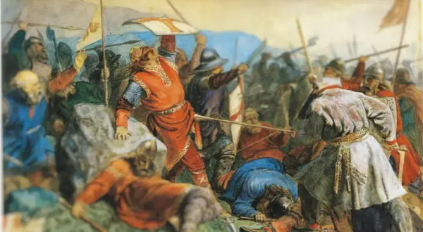 Una batalla épica con guerreros vikingos. Un hombre con túnica roja, quizás Olaf el Santo, lidera la carga.