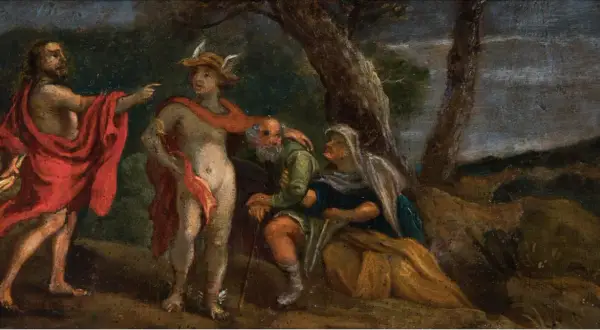 Un hombre con túnica roja señala a Mercurio, quien se dirige a una pareja de ancianos. Obra de arte del Renacimiento.
